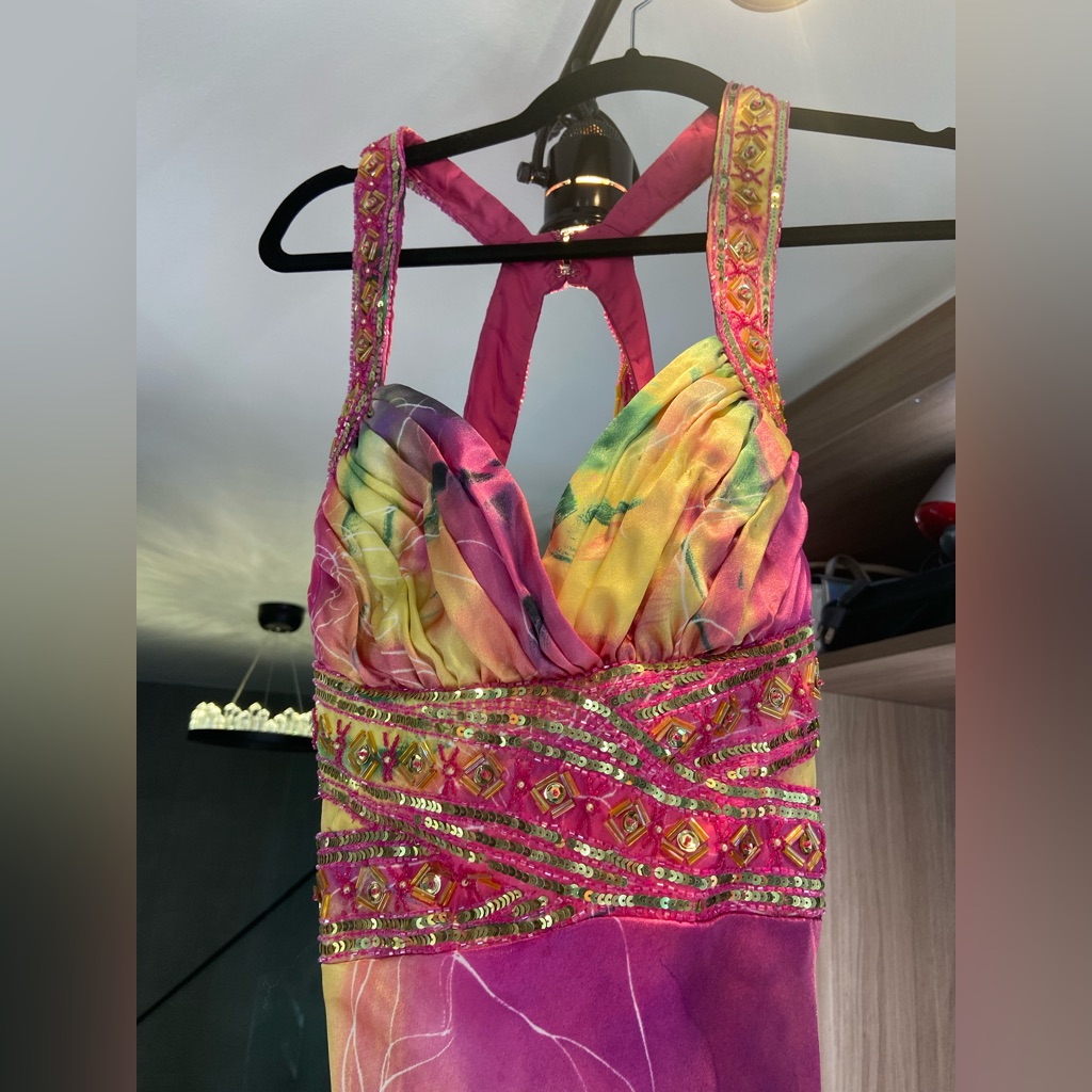 David’s Bridal Floral Pink Yellow Green Flower Prom Evening Gown Beaded Size 4